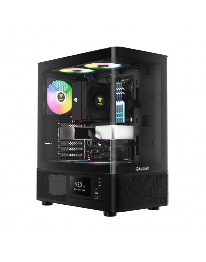 Gamdias кутия Case ATX - ATLAS E2 - 3 x 120 mm A-RGB, Digital Display, Curved Glass