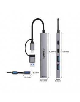 Orico хъб HUB USB-C 5 port - USB3.0 x 1, USB2.0 x 2, USB-C x 2, Aluminium - YSA4-U2-GY