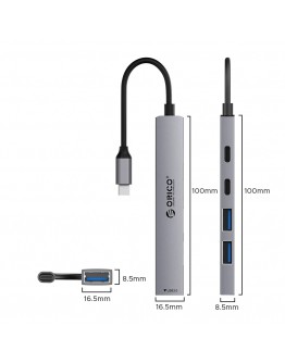 Orico хъб HUB USB-C 5 port - USB3.0 x 1, USB2.0 x 2, USB-C x 2, Aluminium - YSB4-U2-GY