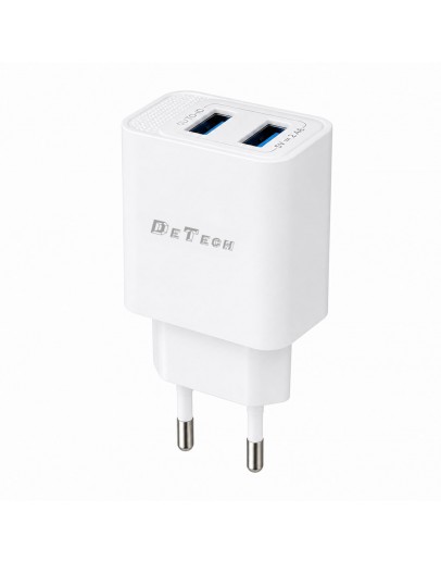 Мрежово зарядно устройство DeTech DE-59, 5V/2.4A 220V, 2 x USB, Бял - 40541