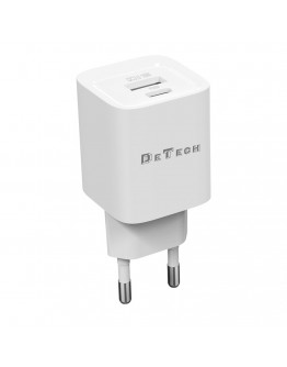 Мрежово зарядно устройство DeTech DE-60, 20W, 1 x Type-C F, 1 x USB F, PD, QC, Бял - 40543