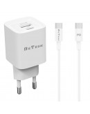 Мрежово зарядно устройство DeTech DE-60C, 20W, 1 x Type-C F, 1 x USB F, PD, QC, С кабел Type-C - Type-C, 1.0m, Бял - 40544