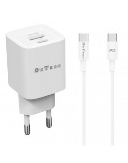 Мрежово зарядно устройство DeTech DE-60C, 20W, 1 x Type-C F, 1 x USB F, PD, QC, С кабел Type-C - Type-C, 1.0m, Бял - 40544