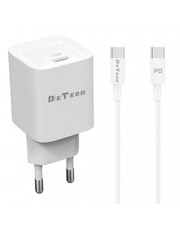 Мрежово зарядно устройство DeTech DE-61C, 20W, 1 x Type-C F, PD, С кабел Type-C - Type-C, 1.0m, Бял - 40546