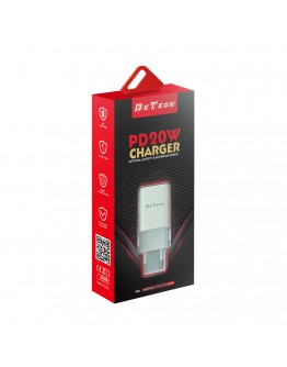 Мрежово зарядно устройство DeTech DE-61C, 20W, 1 x Type-C F, PD, С кабел Type-C - Type-C, 1.0m, Бял - 40546