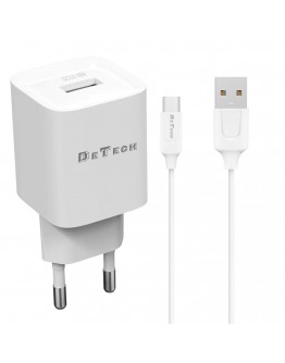 Мрежово зарядно устройство DeTech DE-62C, 18W, 1 x USB F, С кабел Type-C, QC, Бял - 40548