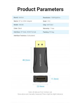 Vention адаптер Adapter DisplayPort DP M / HDMI F Gold plated - HBOB0