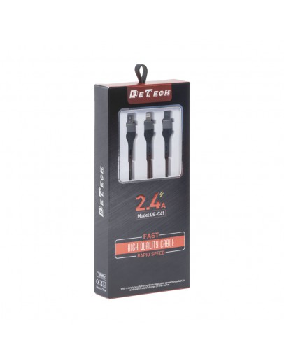 Кабел за зареждане DeTech DE-C41, 3 в 1, Micro USB, Lightning, Type-C, 1.0m, Черен - 40204