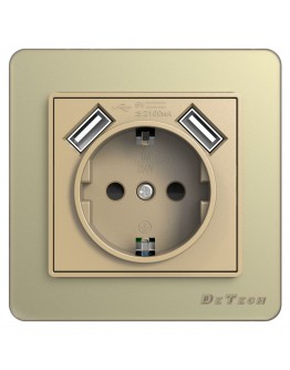 Единичен електрически контакт DeTech DE-6008-78, 2xUSB, 10.5W, 250V, 16A, Шуко, За вграждане, IP20, Златист - 75018