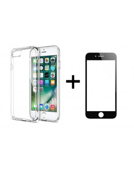 Комплект стъклен протектор с силиконови ръбове + Калъф, Remax Crystal, за iPhone 7 Plus, Черен - 52227