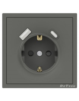 Единичен електрически контакт DeTech DE-9227-80, 1xUSB-А, 1xUSB-C, Шуко, Мат, 16А, 250V, За вграждане, IP20, Сив - 75144