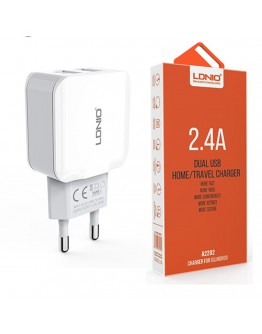Мрежово зарядно устройство, LDNIO A2202, 5V 2.4A, Универсално, 2 x USB, без кабел, Бял - 14368
