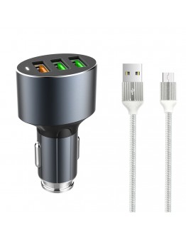 Зарядно устройство за кола, LDNIO C703Q, Quick Charge 3.0, 3xUSB, С Micro USB кабел, Сив - 14752