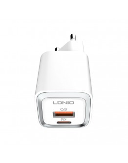 Мрежово зарядно устройство LDNIO A2318C, 20W, 1 x Type-C F, 1 x USB F, PD, QC, С Type-C кабел, Бял - 40291