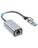 Мрежов адаптер DeTech USB-A/USB-C - RJ45, 1000Mbps, Сив - 17831