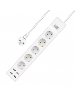 Удължител No brand, 5 гнезда, 250V, 16A, Кабел, 1.5m, 4 x USB F, С ключ, Бял - 17889