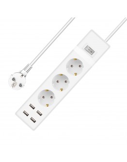 Удължител No brand, 3 гнезда, 250V, 16A, Кабел, 1.5m, 4 x USB F, С ключ, Бял - 17885