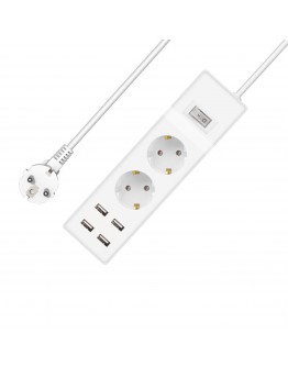 Удължител No brand, 2 гнезда, 250V, 16A, Кабел, 1.5m, 4 x USB F, С ключ, Бял - 17883