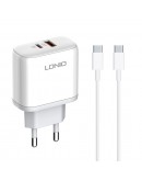 Мрежово зарядно устройство LDNIO A2526C, 45W, 1 x Type-C F, 1 x USB F, PD, QC, PPS, С PD Type-C кабел, Бял - 40287