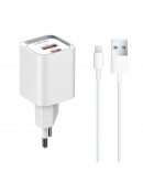 Мрежово зарядно устройство LDNIO A2318C, 20W, 1 x Type-C F, 1 x USB F, PD, QC, С Lightning кабел, Бял - 40290