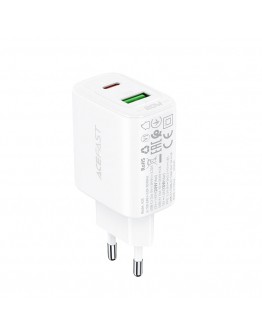 Acefast Универсално зарядно за стена Charger Wall GaN PD20W - A25 - USB-C x 1, USB-A x 1, White